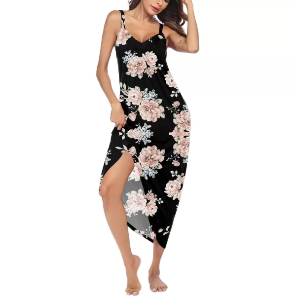 Ekouaer Womens Nightgown Sleeveless Long Nightshirt Full Slip Night Dress Plus Size Sleepshirt Chemise Lounge DressBlack Flowers