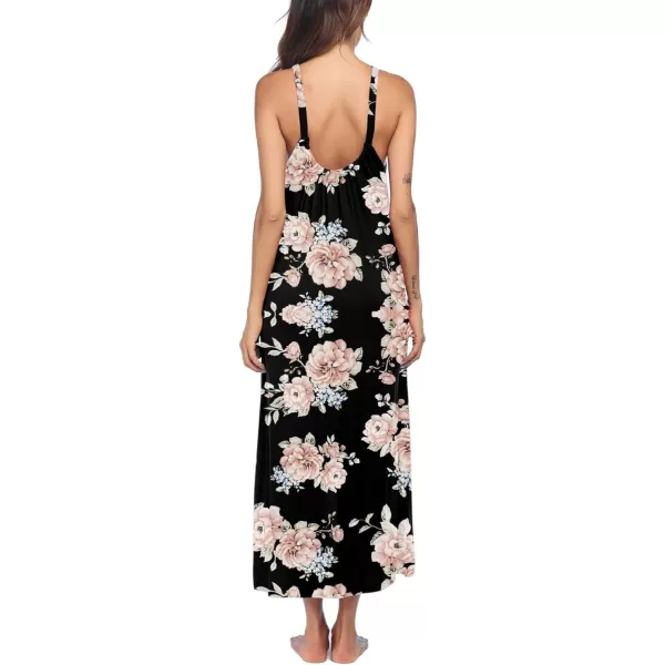 Ekouaer Womens Nightgown Sleeveless Long Nightshirt Full Slip Night Dress Plus Size Sleepshirt Chemise Lounge DressBlack Flowers