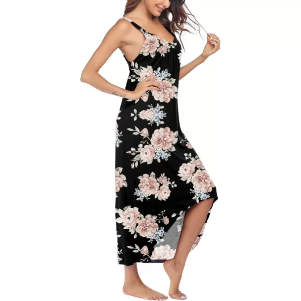 Ekouaer Womens Nightgown Sleeveless Long Nightshirt Full Slip Night Dress Plus Size Sleepshirt Chemise Lounge DressBlack Flowers