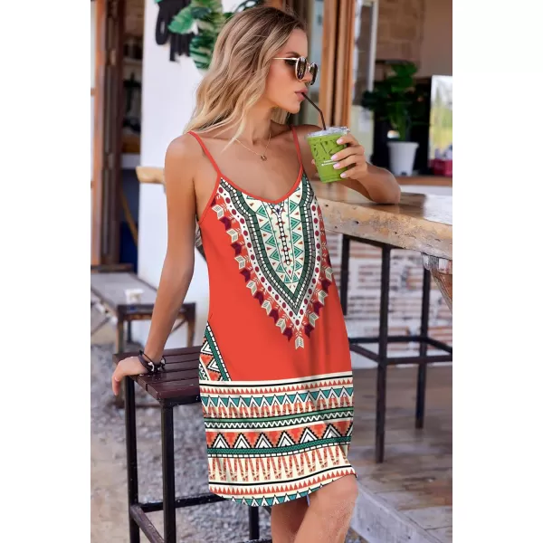 Ekouaer Womens Nightgown Sleeveless V Neck Nightdress Full Slip Print Sleep Dress With PocketsOrange Geometry
