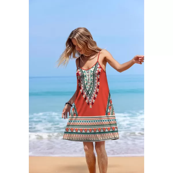 Ekouaer Womens Nightgown Sleeveless V Neck Nightdress Full Slip Print Sleep Dress With PocketsOrange Geometry