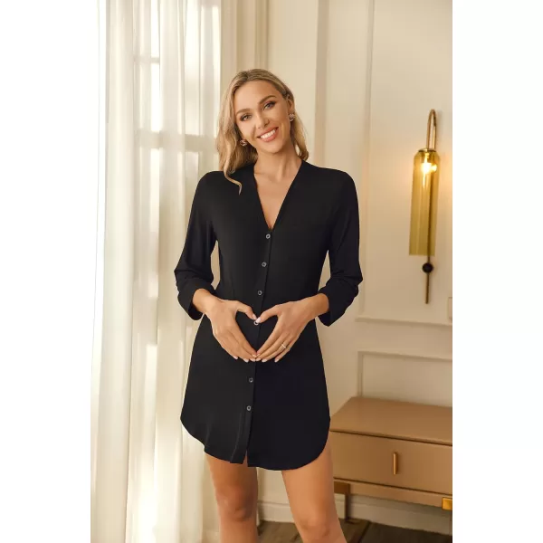 Ekouaer Womens Nightgown V Neck Striped Button Down Sleepwear 34 Sleeves Nightshirts Soft Button Sleep Dress SXXLBlack