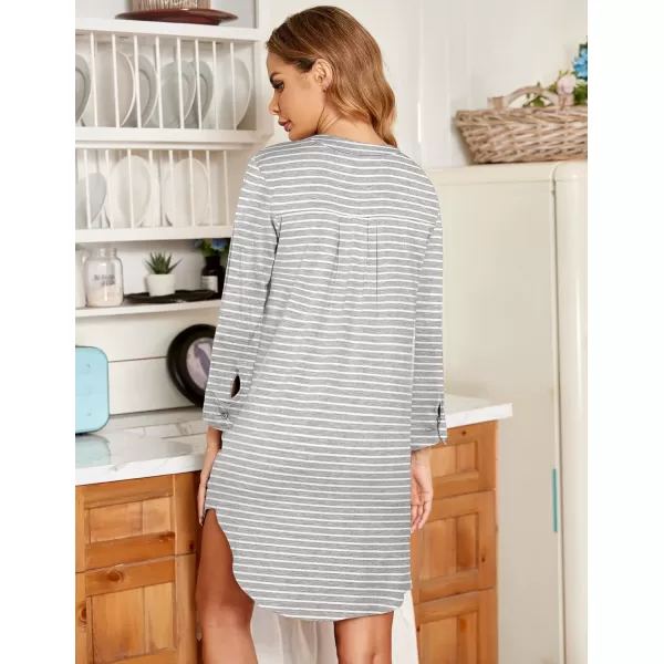 Ekouaer Womens Nightgown V Neck Striped Button Down Sleepwear 34 Sleeves Nightshirts Soft Button Sleep Dress SXXLGrey Striped