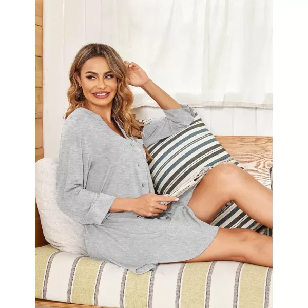 Ekouaer Womens Nightgown V Neck Striped Button Down Sleepwear 34 Sleeves Nightshirts Soft Button Sleep Dress SXXLLight Gray