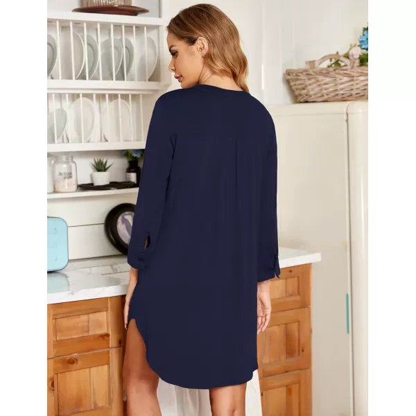 Ekouaer Womens Nightgown V Neck Striped Button Down Sleepwear 34 Sleeves Nightshirts Soft Button Sleep Dress SXXLNavy Blue