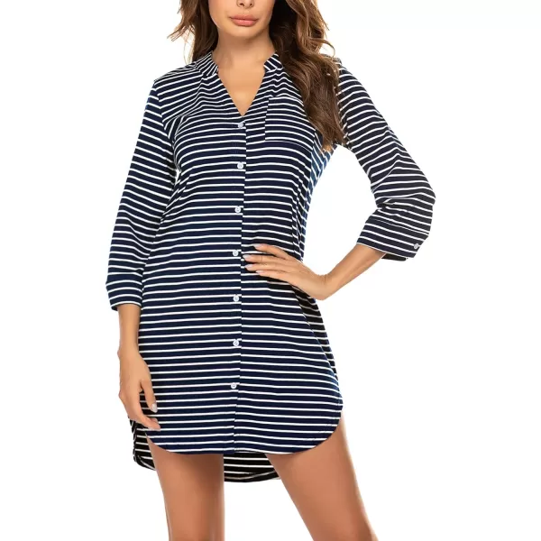 Ekouaer Womens Nightgown V Neck Striped Button Down Sleepwear 34 Sleeves Nightshirts Soft Button Sleep Dress SXXLNavy Blue Striped