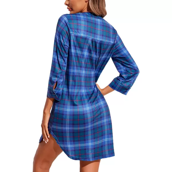 Ekouaer Womens Nightgown V Neck Striped Button Down Sleepwear 34 Sleeves Nightshirts Soft Button Sleep Dress SXXLPattern11blue Green Plaid