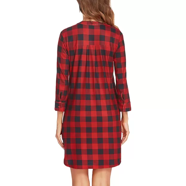 Ekouaer Womens Nightgown V Neck Striped Button Down Sleepwear 34 Sleeves Nightshirts Soft Button Sleep Dress SXXLPattern7plaid