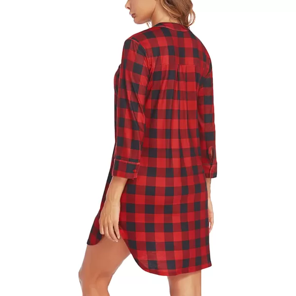 Ekouaer Womens Nightgown V Neck Striped Button Down Sleepwear 34 Sleeves Nightshirts Soft Button Sleep Dress SXXLPattern7plaid
