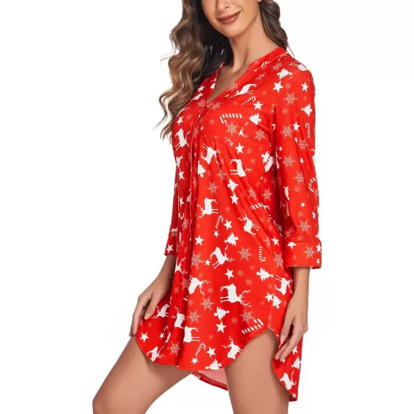 Ekouaer Womens Nightgown V Neck Striped Button Down Sleepwear 34 Sleeves Nightshirts Soft Button Sleep Dress SXXLPattern9christmas Tree Deer