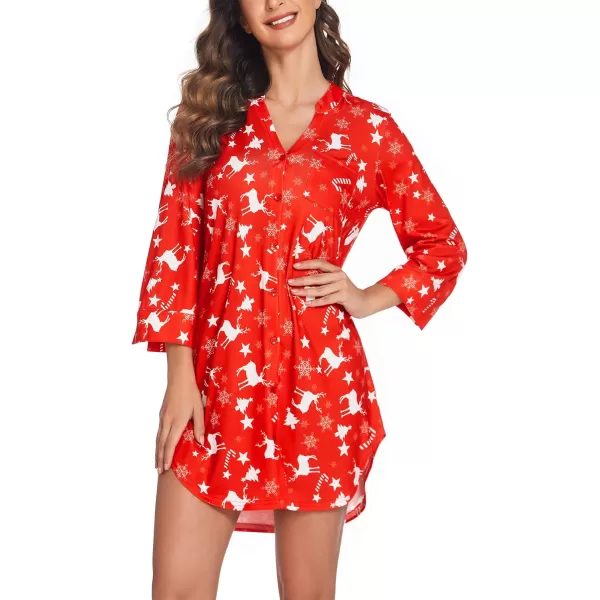 Ekouaer Womens Nightgown V Neck Striped Button Down Sleepwear 34 Sleeves Nightshirts Soft Button Sleep Dress SXXLPattern9christmas Tree Deer