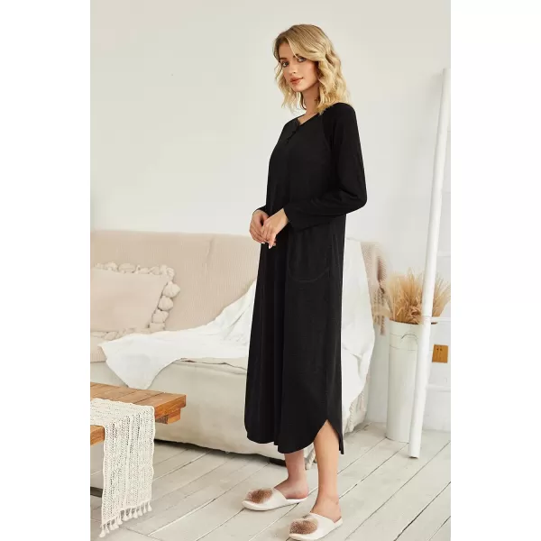 Ekouaer Womens Nightgown VNeck Loungewear Long Sleeve Sleepwear Full Length Nightgown for Women S4XLLong Sleevesall Black