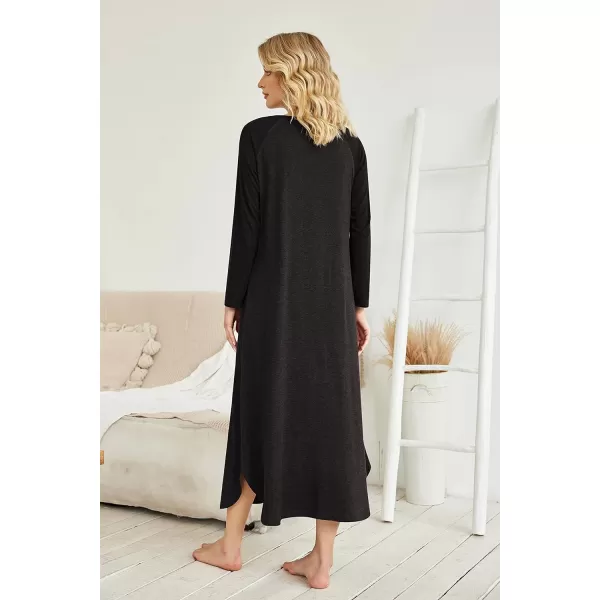 Ekouaer Womens Nightgown VNeck Loungewear Long Sleeve Sleepwear Full Length Nightgown for Women S4XLLong Sleevesall Black