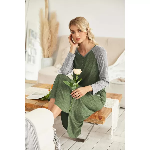 Ekouaer Womens Nightgown VNeck Loungewear Long Sleeve Sleepwear Full Length Nightgown for Women S4XLLong Sleevesarmy Green