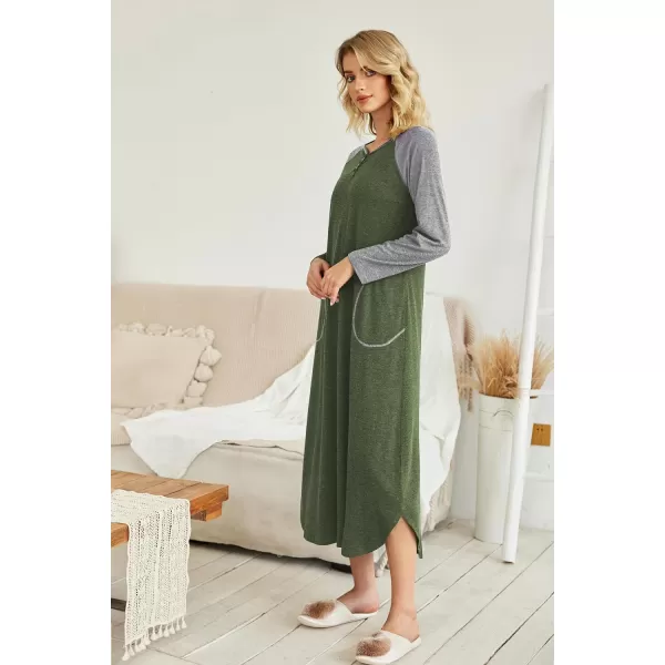 Ekouaer Womens Nightgown VNeck Loungewear Long Sleeve Sleepwear Full Length Nightgown for Women S4XLLong Sleevesarmy Green