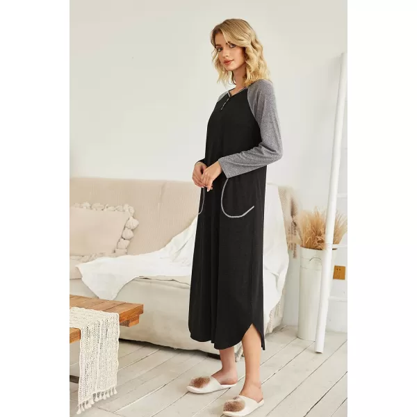 Ekouaer Womens Nightgown VNeck Loungewear Long Sleeve Sleepwear Full Length Nightgown for Women S4XLLong Sleevesblack