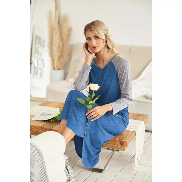 Ekouaer Womens Nightgown VNeck Loungewear Long Sleeve Sleepwear Full Length Nightgown for Women S4XLLong Sleevesblue