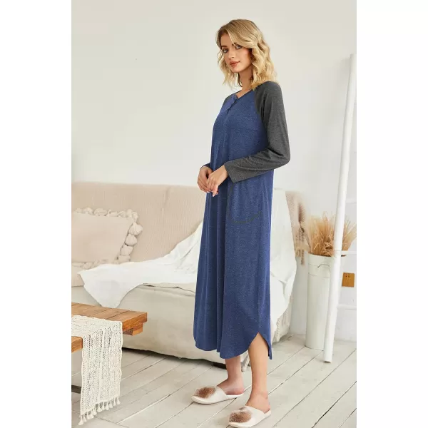 Ekouaer Womens Nightgown VNeck Loungewear Long Sleeve Sleepwear Full Length Nightgown for Women S4XLLong Sleevesnavy Blue