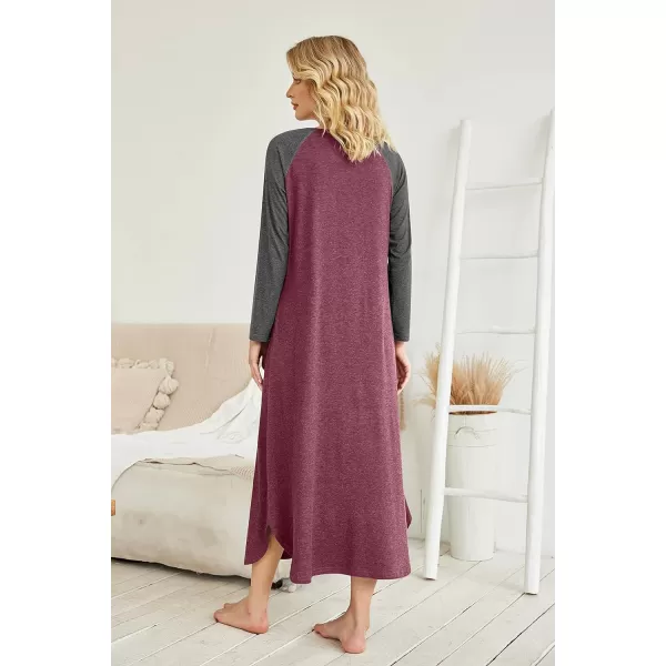 Ekouaer Womens Nightgown VNeck Loungewear Long Sleeve Sleepwear Full Length Nightgown for Women S4XLLong Sleeveswine Red