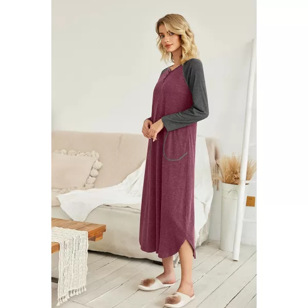 Ekouaer Womens Nightgown VNeck Loungewear Long Sleeve Sleepwear Full Length Nightgown for Women S4XLLong Sleeveswine Red