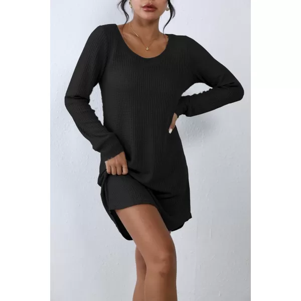 Ekouaer Womens Nightgown Waffle Knit Long Sleeve Sleepshirts Night Shirts for WomenBalck