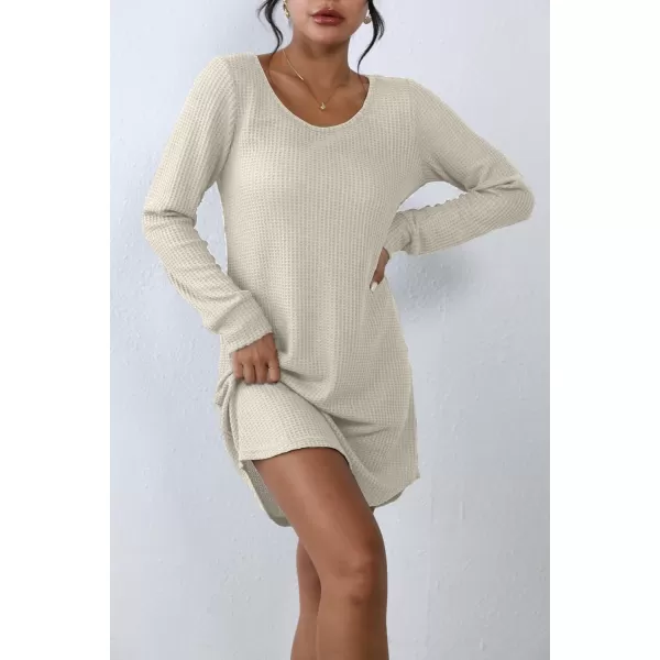 Ekouaer Womens Nightgown Waffle Knit Long Sleeve Sleepshirts Night Shirts for WomenBeige