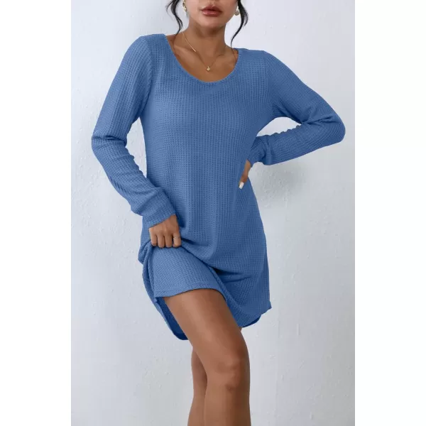 Ekouaer Womens Nightgown Waffle Knit Long Sleeve Sleepshirts Night Shirts for WomenBlue