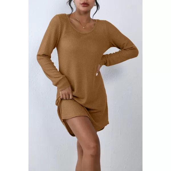 Ekouaer Womens Nightgown Waffle Knit Long Sleeve Sleepshirts Night Shirts for WomenBrown