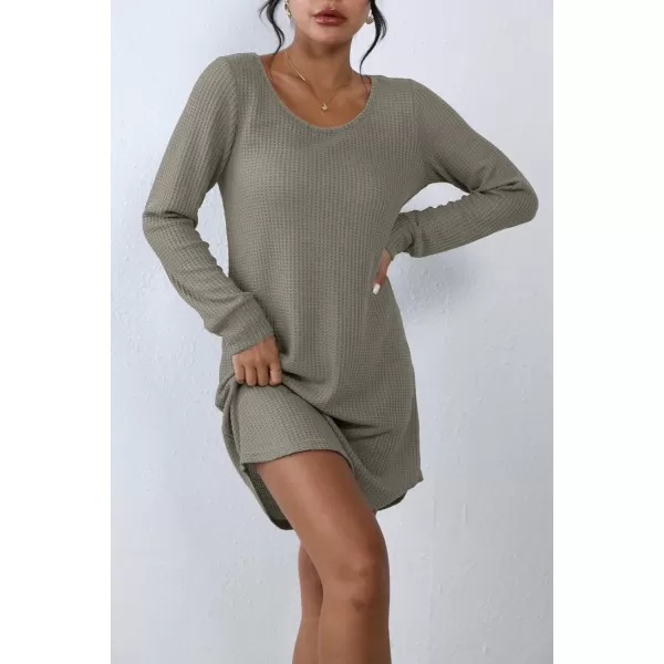 Ekouaer Womens Nightgown Waffle Knit Long Sleeve Sleepshirts Night Shirts for WomenKhaki