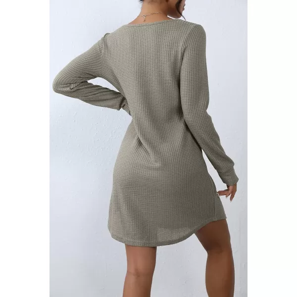 Ekouaer Womens Nightgown Waffle Knit Long Sleeve Sleepshirts Night Shirts for WomenKhaki