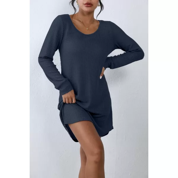 Ekouaer Womens Nightgown Waffle Knit Long Sleeve Sleepshirts Night Shirts for WomenNavy Blue