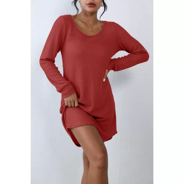 Ekouaer Womens Nightgown Waffle Knit Long Sleeve Sleepshirts Night Shirts for WomenRed