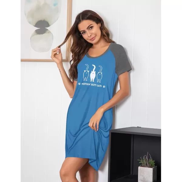 Ekouaer Womens Nightgowns Short Sleeve Nightshirts Printed Sleepwear Soft Sleep Shirts S3XLAlake Bluecat