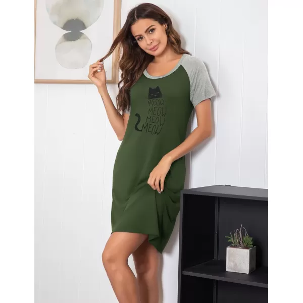 Ekouaer Womens Nightgowns Short Sleeve Nightshirts Printed Sleepwear Soft Sleep Shirts S3XLArmy Greencat