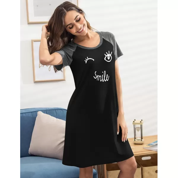 Ekouaer Womens Nightgowns Short Sleeve Nightshirts Printed Sleepwear Soft Sleep Shirts S3XLBblacksmile