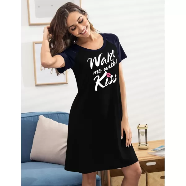 Ekouaer Womens Nightgowns Short Sleeve Nightshirts Printed Sleepwear Soft Sleep Shirts S3XLBlackkiss