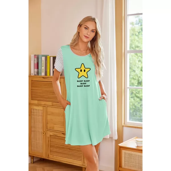 Ekouaer Womens Nightgowns Short Sleeve Nightshirts Printed Sleepwear Soft Sleep Shirts S3XLGreen Star