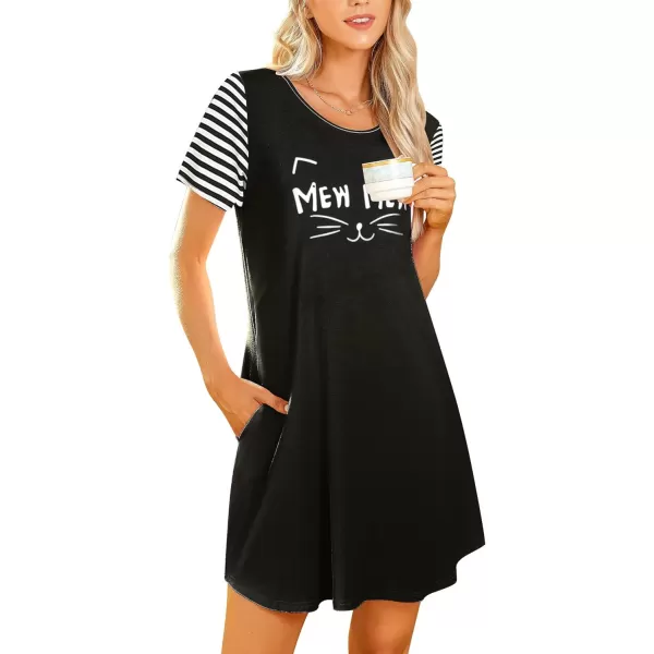 Ekouaer Womens Nightgowns Short Sleeve Nightshirts Printed Sleepwear Soft Sleep Shirts S3XLPocketsblackmew