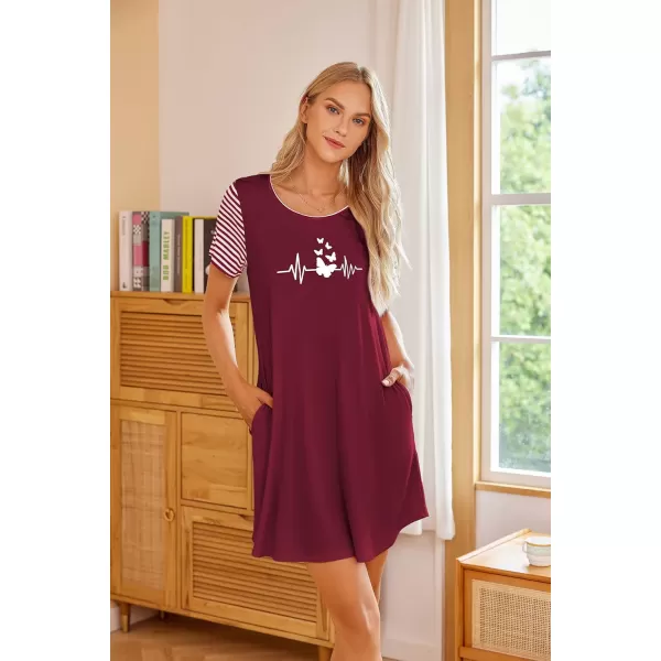 Ekouaer Womens Nightgowns Short Sleeve Nightshirts Printed Sleepwear Soft Sleep Shirts S3XLPocketswine Redheart