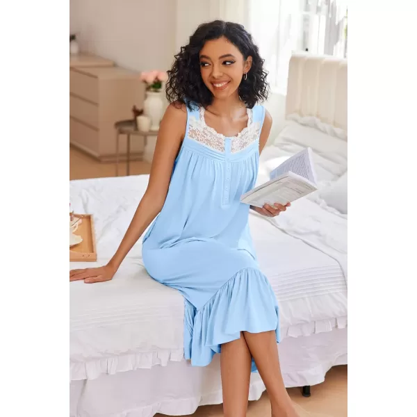 Ekouaer Womens Nightgowns Victorian Long Sleeveless Sleepdress with Pockets Lace Trim Button Up Nightshirt SXXXLLight Blue