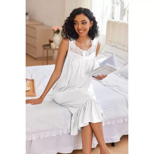 Ekouaer Womens Nightgowns Victorian Long Sleeveless Sleepdress with Pockets Lace Trim Button Up Nightshirt SXXXLWhite