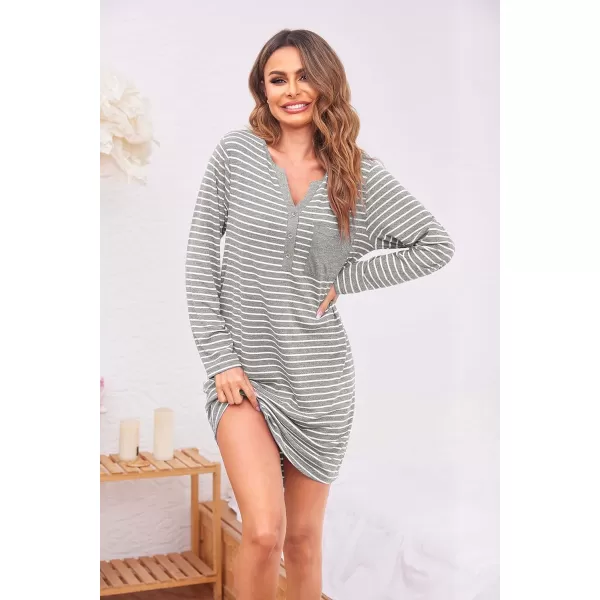 Ekouaer Womens Nightshirt Long Sleeve Button Down Nightgown VNeck Sleepwear Casual Pajama Dress2 Light Grey