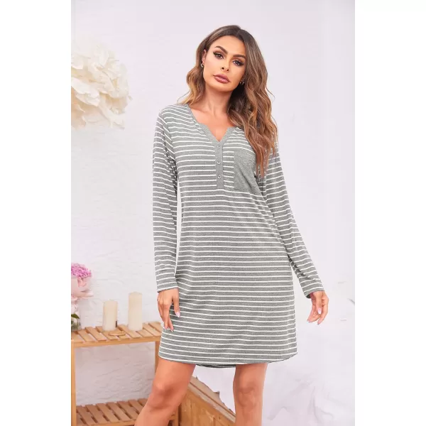 Ekouaer Womens Nightshirt Long Sleeve Button Down Nightgown VNeck Sleepwear Casual Pajama Dress2 Light Grey