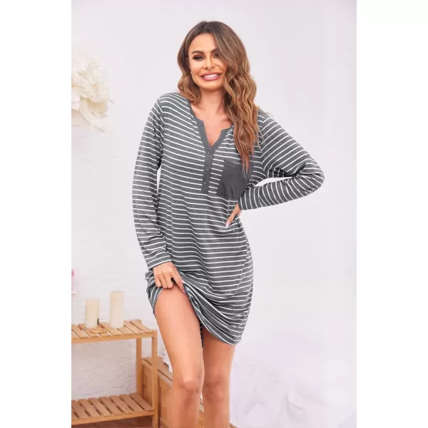 Ekouaer Womens Nightshirt Long Sleeve Button Down Nightgown VNeck Sleepwear Casual Pajama Dress4 Medium Grey