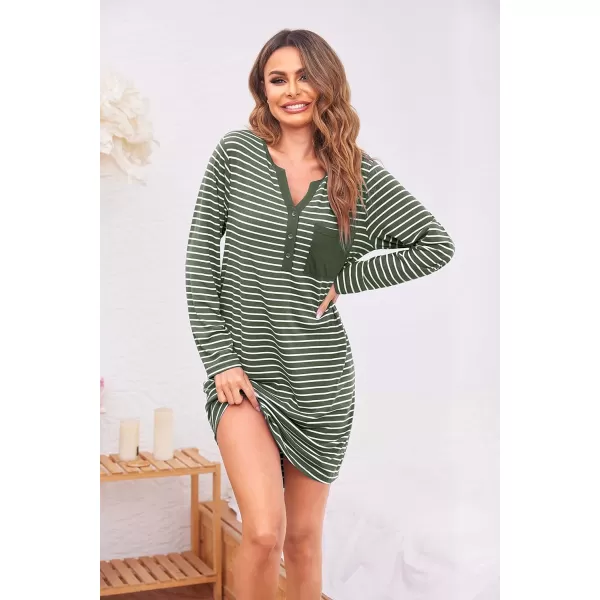 Ekouaer Womens Nightshirt Long Sleeve Button Down Nightgown VNeck Sleepwear Casual Pajama Dress5 Army Green