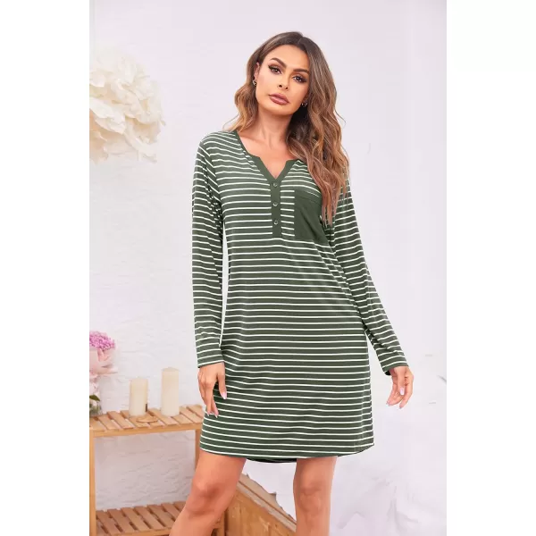 Ekouaer Womens Nightshirt Long Sleeve Button Down Nightgown VNeck Sleepwear Casual Pajama Dress5 Army Green