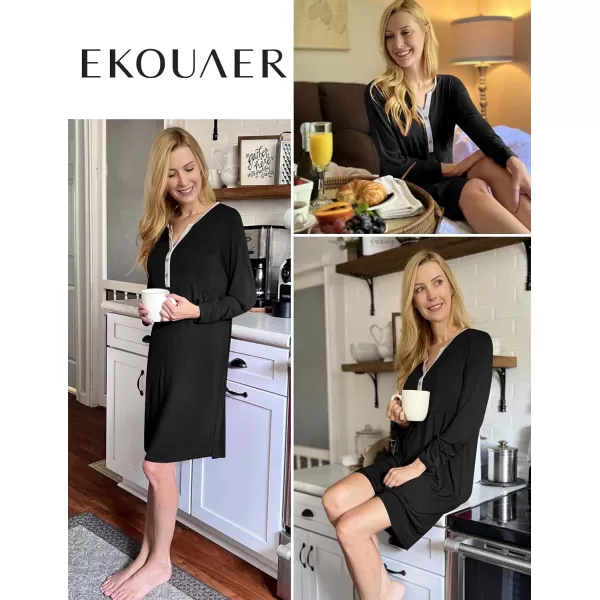 Ekouaer Womens Nightshirt Long Sleeve Button Down Nightgown VNeck Sleepwear Casual Pajama DressBlack