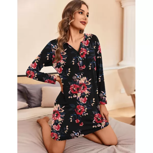 Ekouaer Womens Nightshirt Long Sleeve Button Down Nightgown VNeck Sleepwear Casual Pajama DressBlack Flower 10