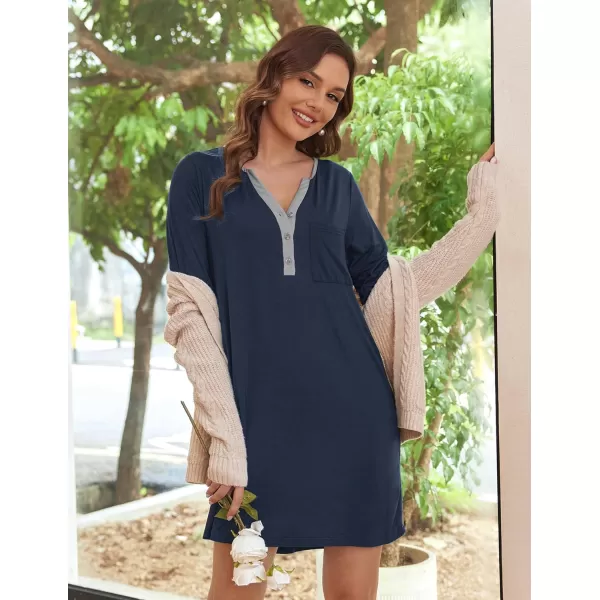 Ekouaer Womens Nightshirt Long Sleeve Button Down Nightgown VNeck Sleepwear Casual Pajama DressDark Blue