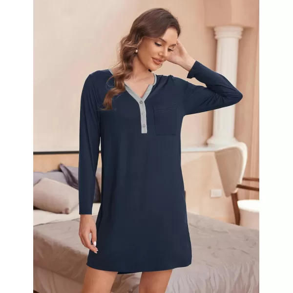 Ekouaer Womens Nightshirt Long Sleeve Button Down Nightgown VNeck Sleepwear Casual Pajama DressDark Blue